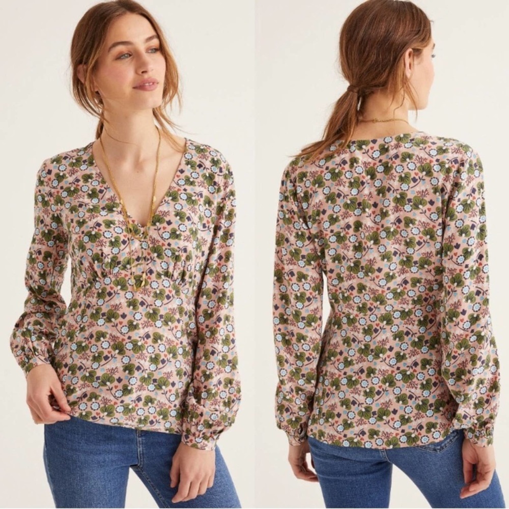 Boden Viola Romantic Bloom Long Sleeve Pink Shirt Floral Print Detail